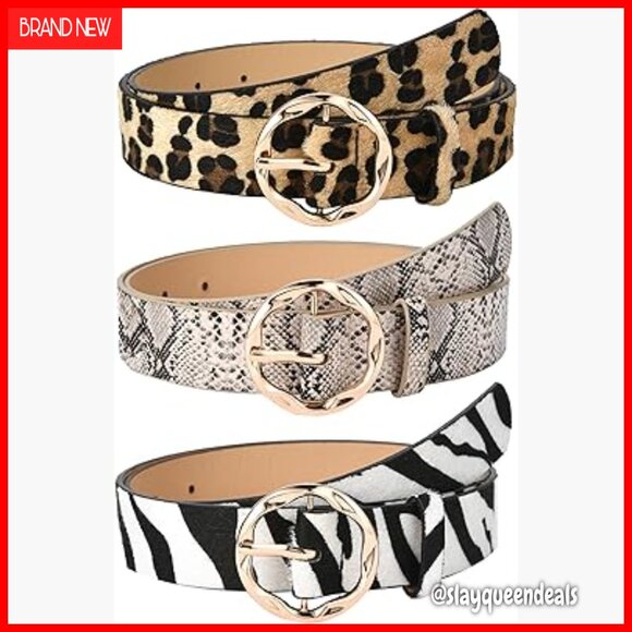 Vintage Leopard Leather Belt Set with Alloy Buckle for Waist 40-42 Inches